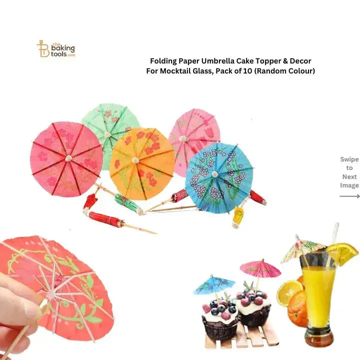 Folding Paper Umbrella Cake Topper & Decor For Mocktail Glass, Pack of 10 (Random Colour) - thebakingtools.com